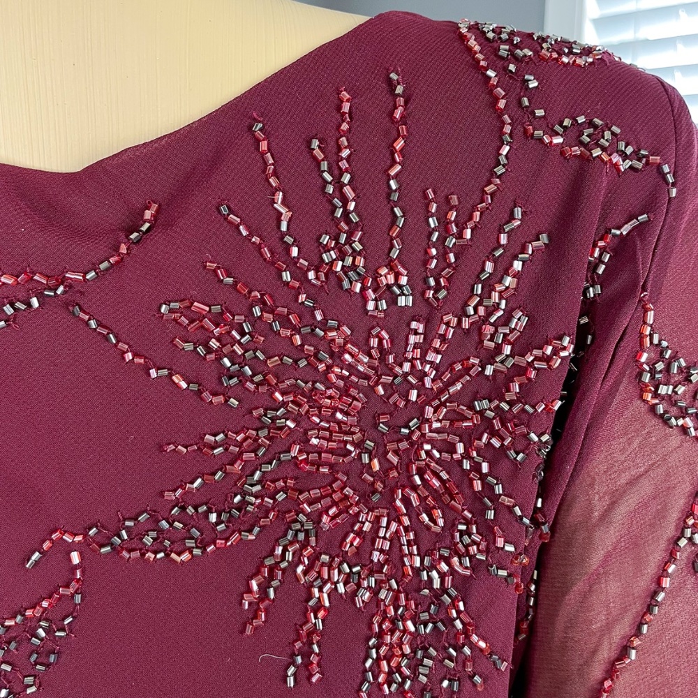 J Kara Women's 3/4 Sleeve Beaded Mock 2 Piece Dress Cranberry/Multi 12P - Picture 7 of 12